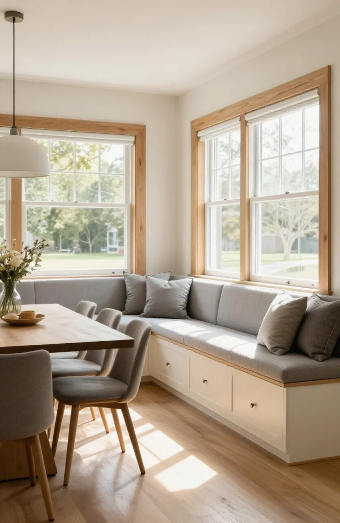 Modern living room with built-in banquette bench seating along window wall providing comfortable seating alternative to sofa