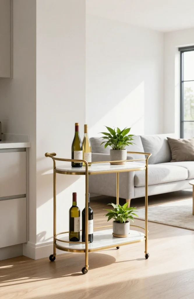 Wooden bar cart with shelves positioned between kitchen and living room to create visual separation in open floor plan
