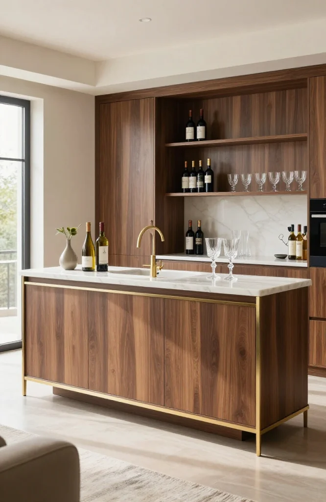 Open floor plan with built-in bar and drinks station creating defined entertaining area in modern home