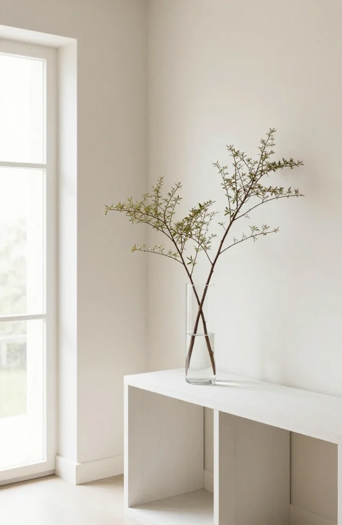 Minimalist Christmas decoration featuring bare branches in a white vase on a wooden surface