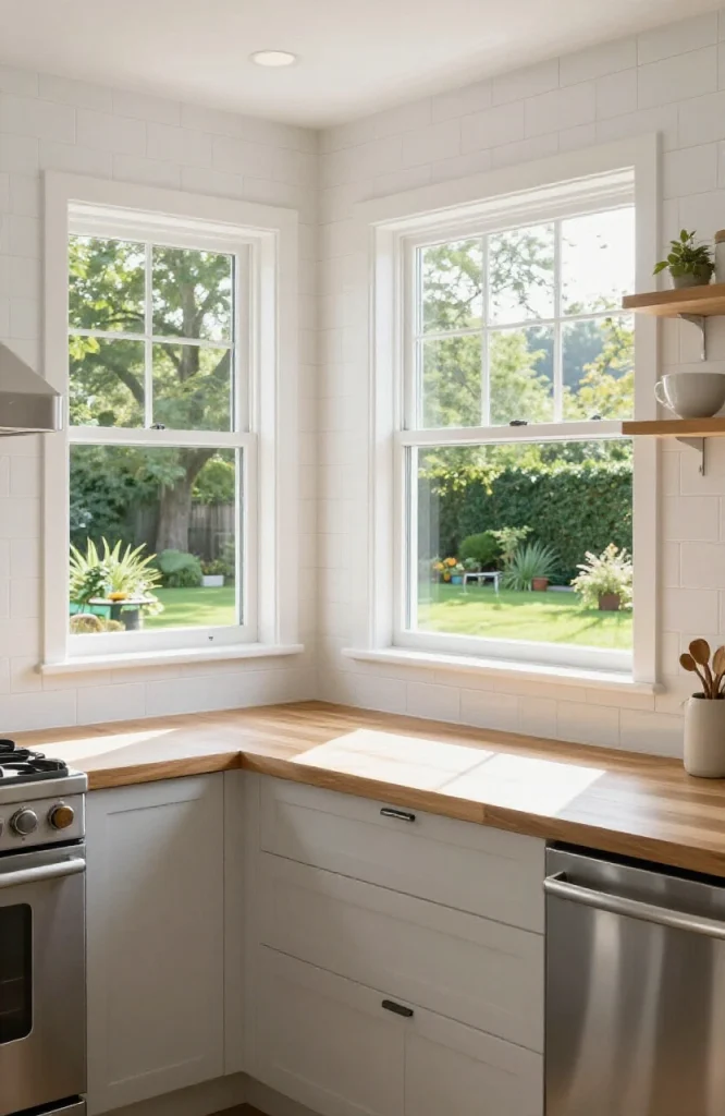 Minimalist kitchen with uncovered window allowing natural light and unobstructed outdoor view