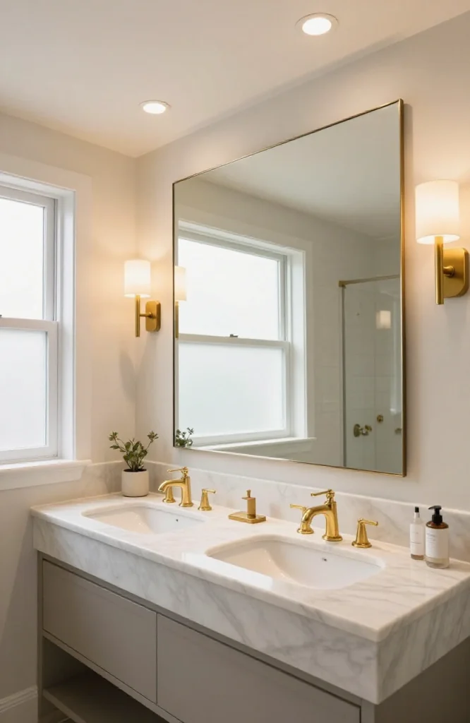 Modern bathroom interior with layered lighting from vanity mirrors overhead ceiling fixtures and accent wall lights creating