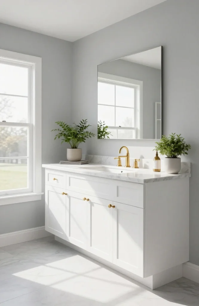 Organized bathroom vanity with built-in storage drawers and shelving for towels and toiletries