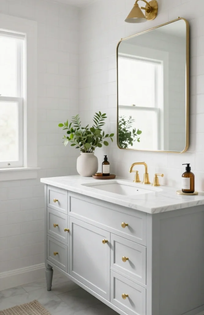 Bathroom vanity properly proportioned to room size with adequate counter space and mirror placement