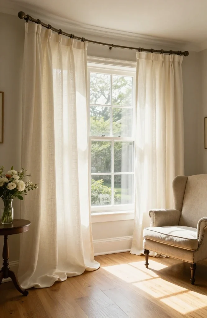Modern living room bay window dressed with flowing neutral curtains and matching valance, demonstrating elegant drapery styli