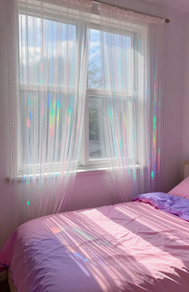 Colorful beaded curtains hanging in doorway of bedroom with 2000s Y2K style decor and pink walls