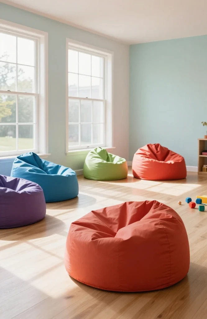 Modern living room with colorful bean bags as comfortable seating alternative to sofas for families with children
