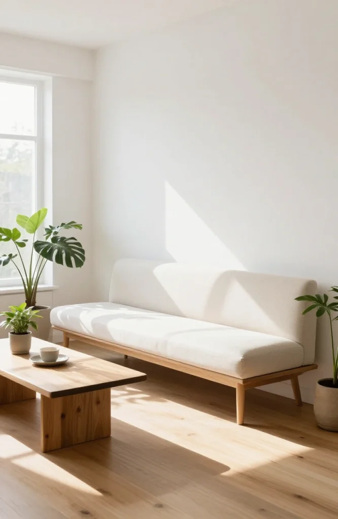 Modern living room with long wooden bench seating positioned along one wall, paired with accent chairs and minimalist decor