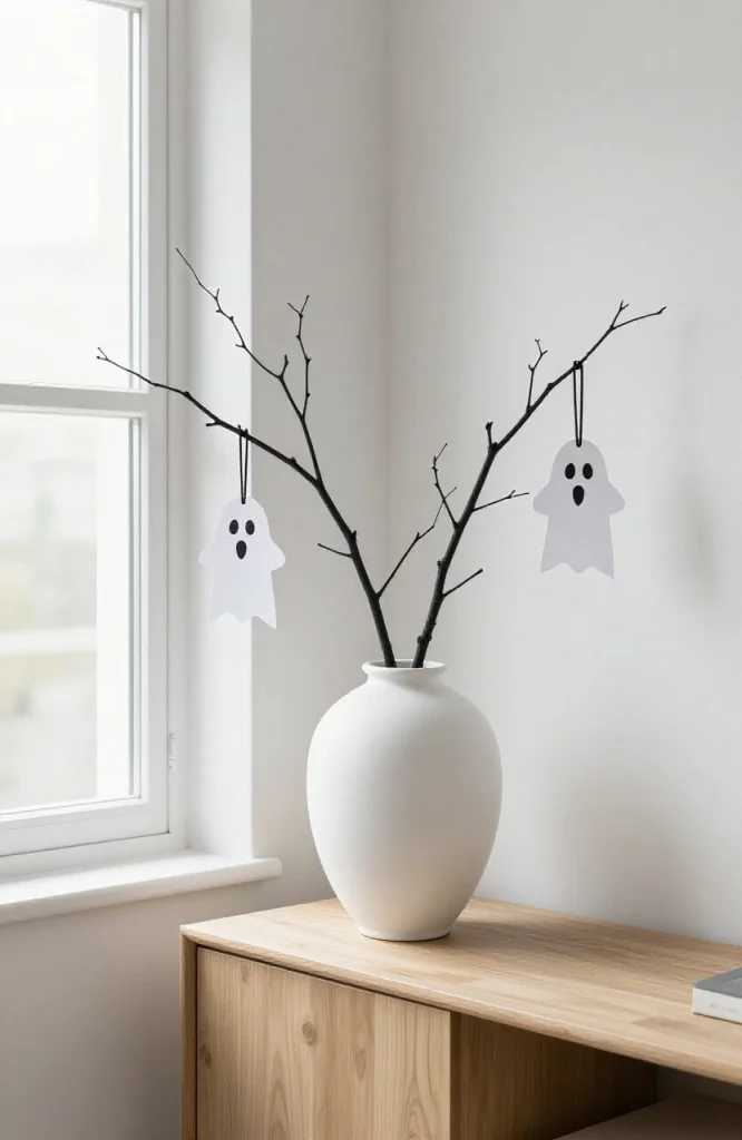 Black branches arranged in a clear vase for minimalist Halloween decor