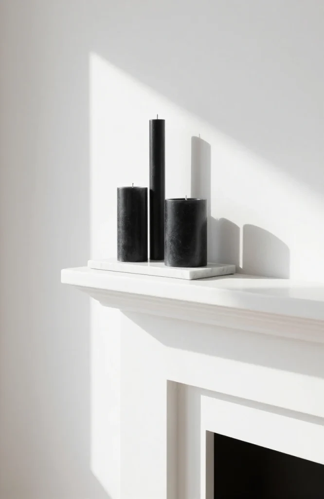 Black candles arranged on a white marble tray as minimalist Halloween decoration for home