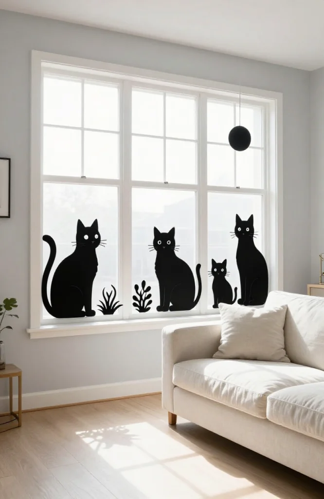 Black cat silhouette cut-outs adhered to window glass for minimalist Halloween decoration