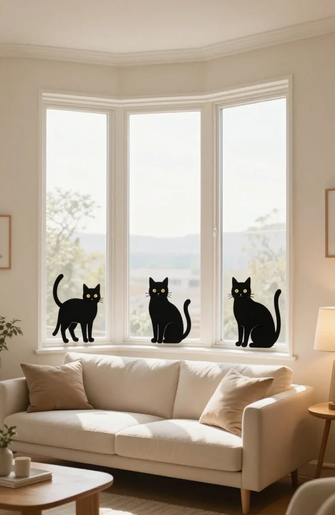 Black cat silhouettes taped to glass window for Halloween decoration