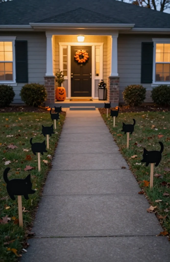 Black cat silhouettes mounted on wooden stakes lining a Halloween walkway at night