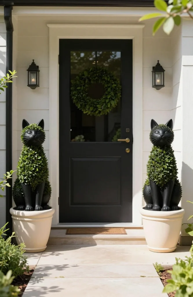 Black cat topiary shapes trimmed in planters lining a Halloween walkway entrance