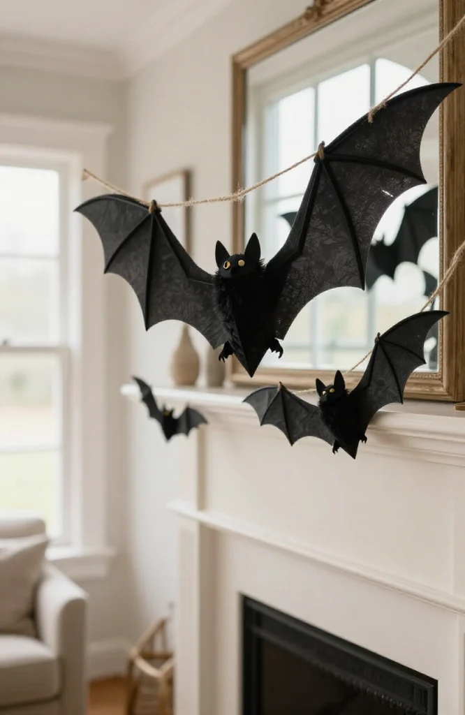 Handmade black crepe paper bat garland draped across fireplace mantel with hanging bat cutouts