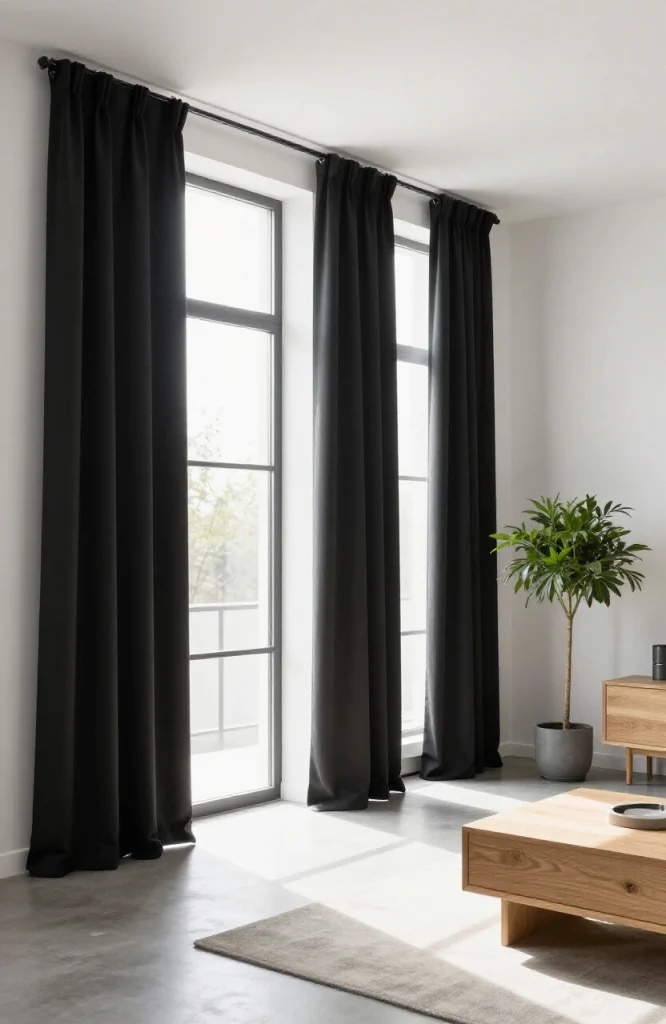 Black floor-to-ceiling curtains in modern minimalist living room with clean lines and neutral furniture