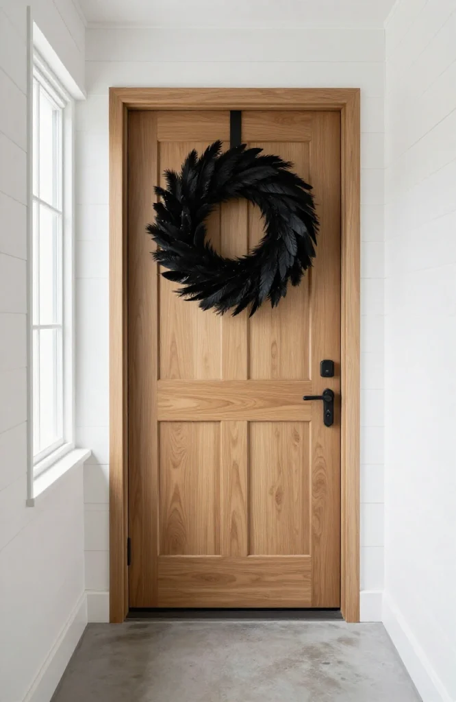Black feather wreath hanging on white front door as minimalist Halloween decoration