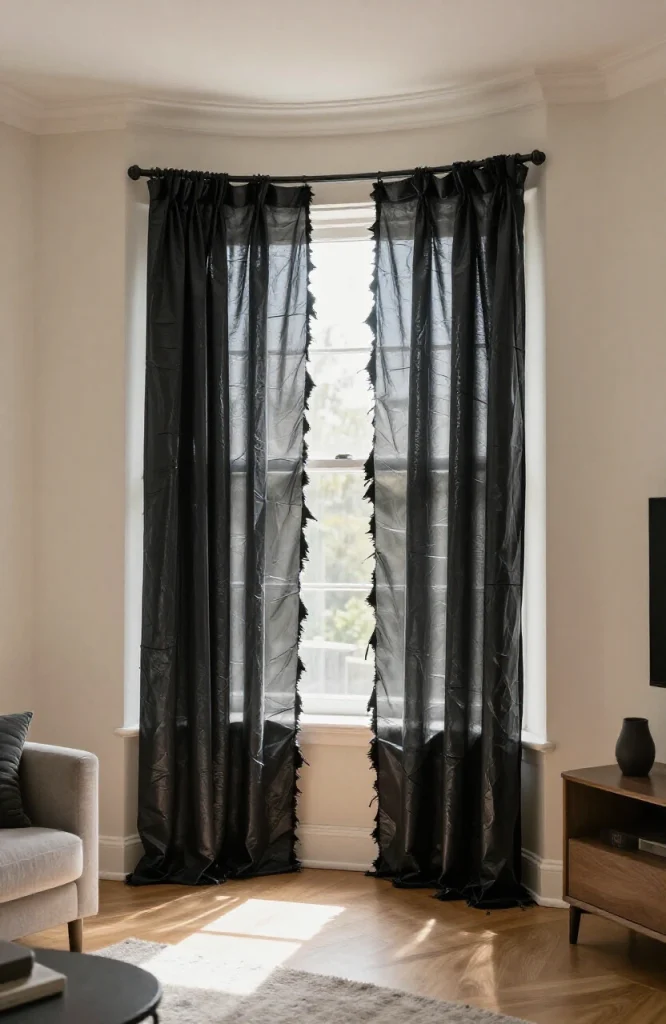 Black garbage bag draped and torn across window to create haunted ghostly effect for Halloween decoration