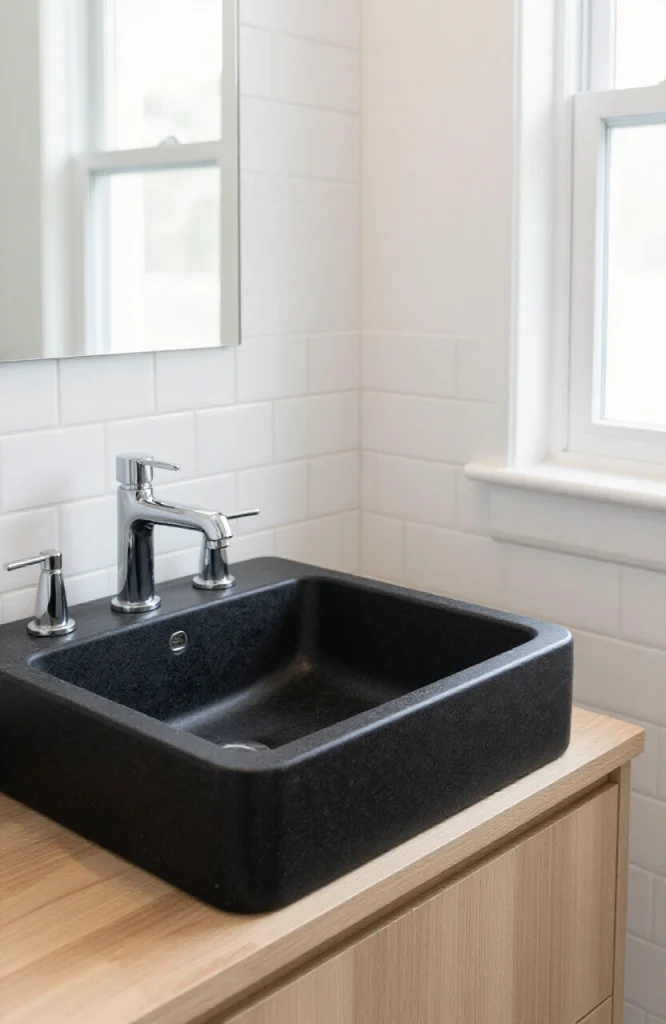 Black granite composite corner sink installed in kitchen cabinet with chrome faucet and undermount configuration