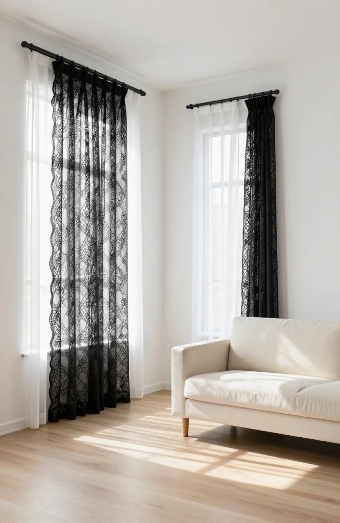 Black lace curtain panels hanging in window as minimalist Halloween decoration for home