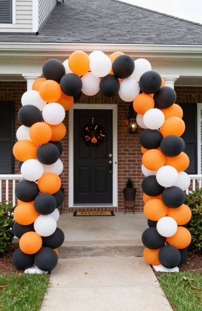 Black and orange balloon arch spanning across a residential walkway path for Halloween decoration