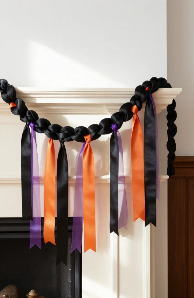 Black and orange braided ribbon garland draped across fireplace mantel with Halloween decoration