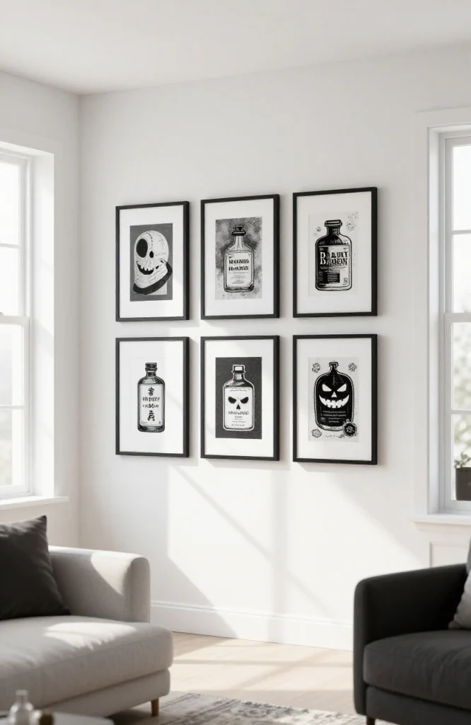 Black picture frames displaying white Halloween prints on white wall minimal home decor