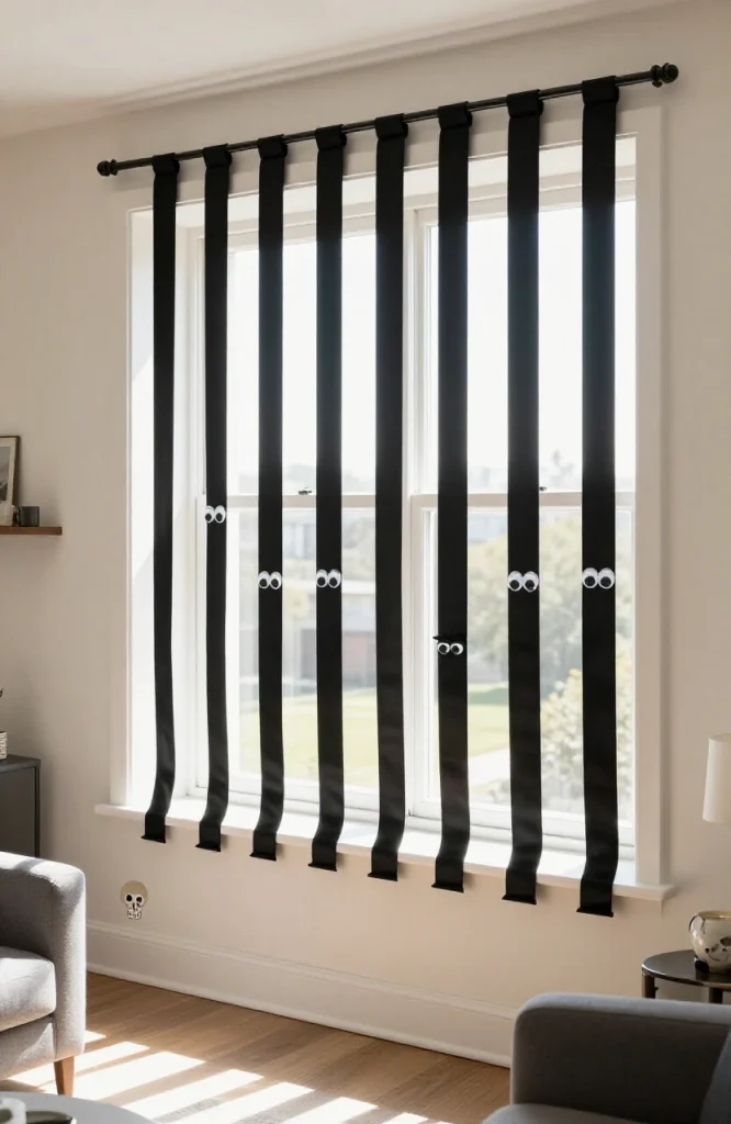 Window decorated with black ribbon border creating a simple elegant Halloween frame effect