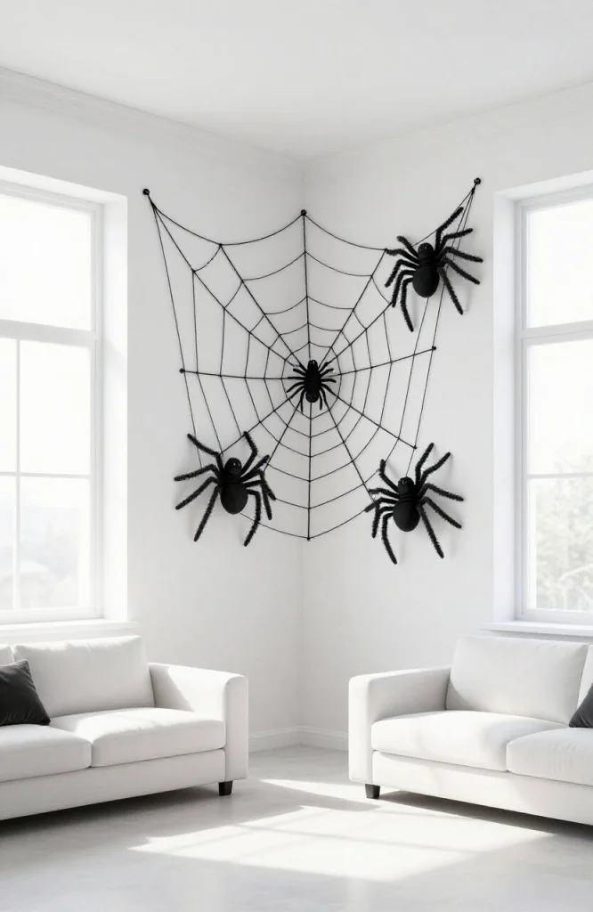 Black spider web stretched across a corner as minimal Halloween decoration for modern homes