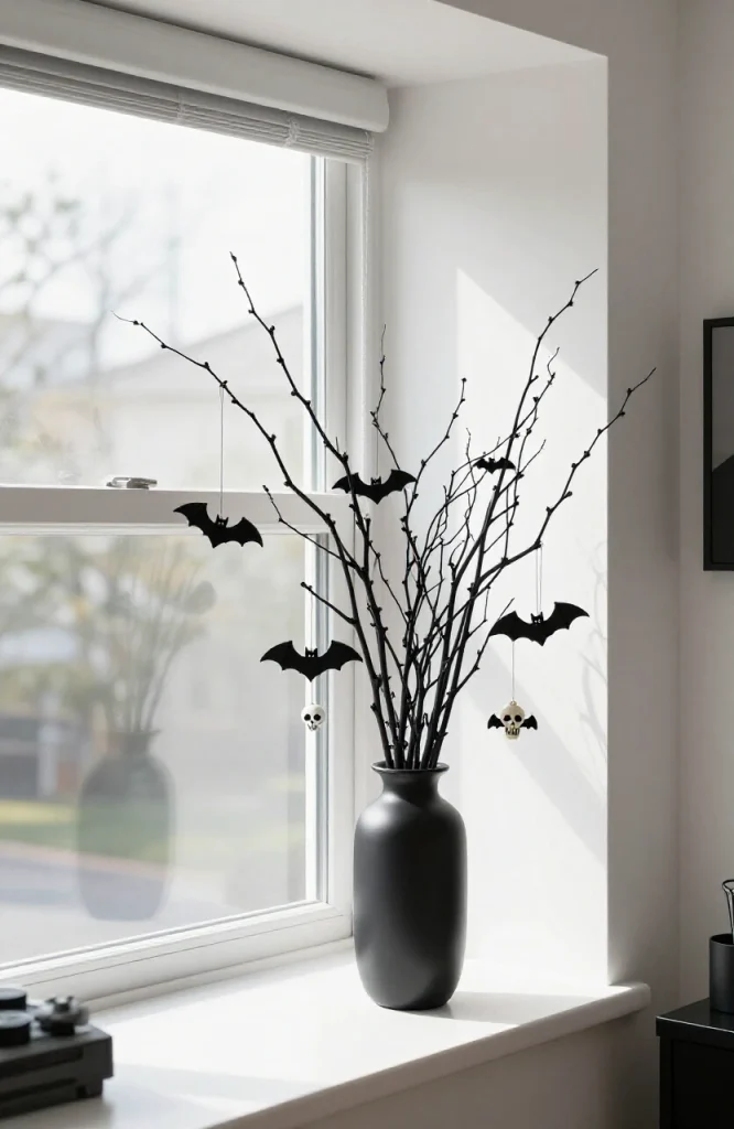 Corner window display featuring black painted tree branches arranged vertically creating a spooky silhouette effect