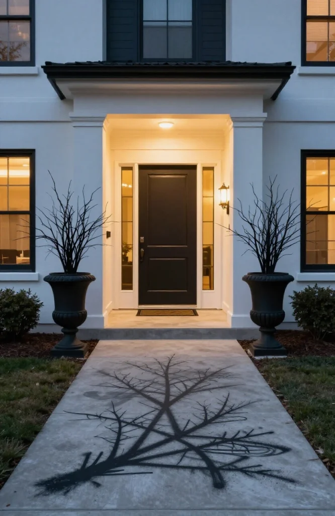 Black decorative urns filled with dried branches flanking a residential walkway for Halloween decoration
