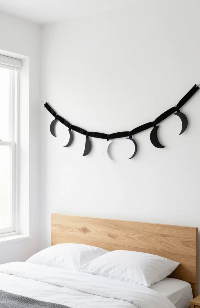 Black velvet ribbon moon phase garland with crescent and full moon shapes arranged in a minimalist halloween decoration