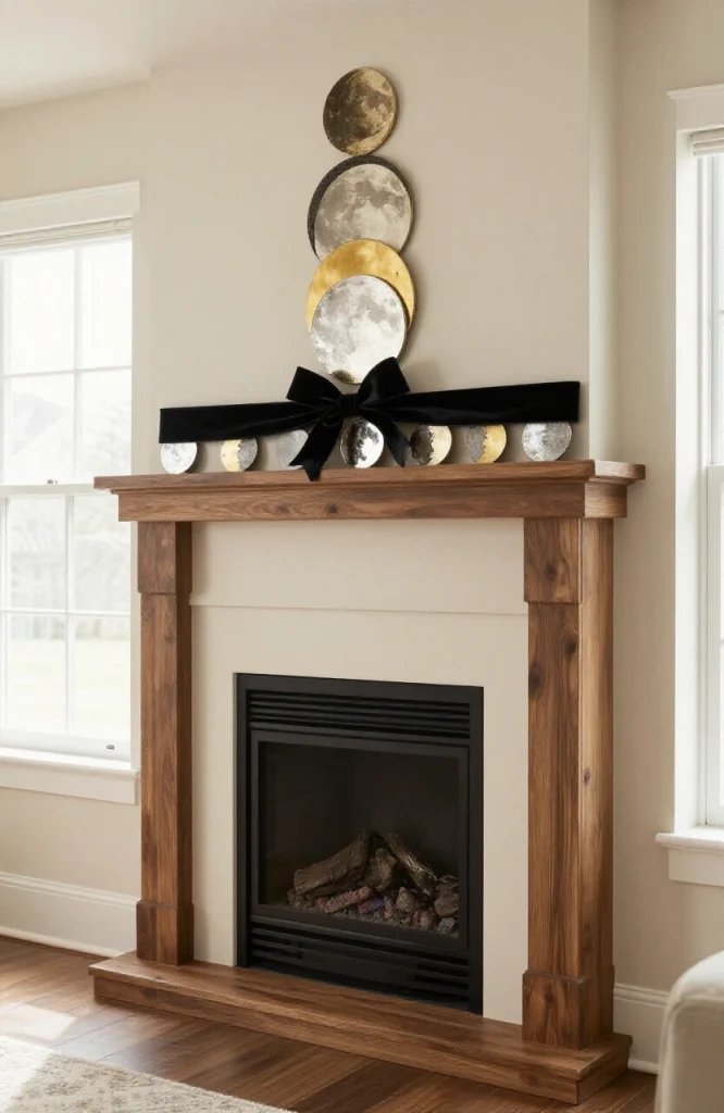 Black velvet ribbon garland with moon phase ornaments hanging on fireplace mantel