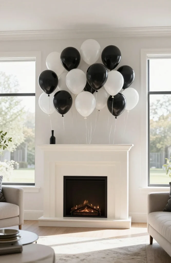 Black and white balloon arch installed above a fireplace as minimal Halloween decoration