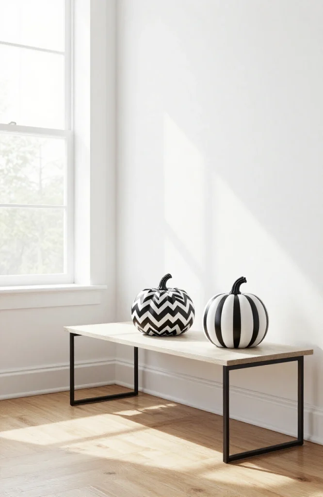 Black and white geometric patterned pumpkins arranged as minimalist Halloween decorations