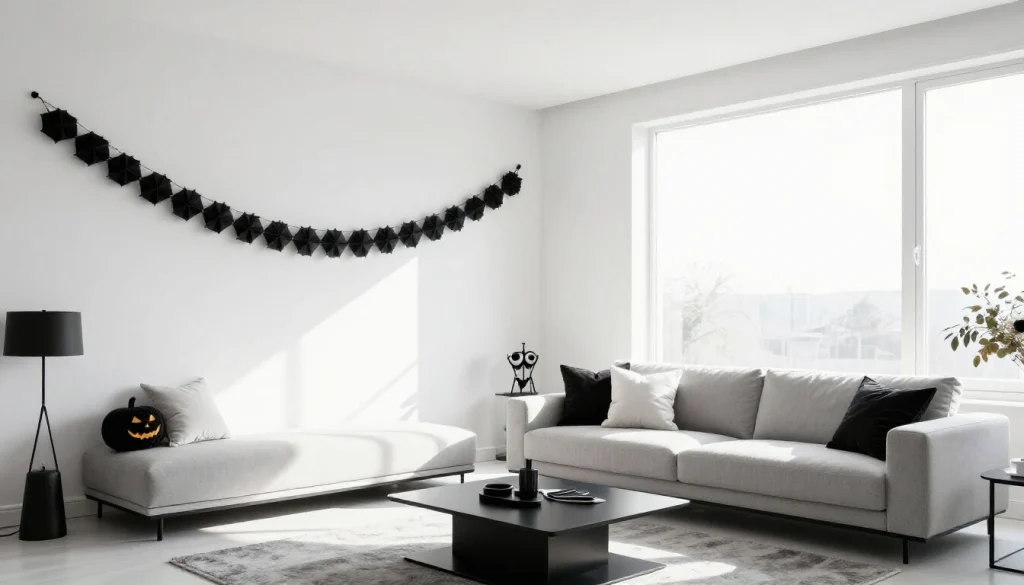Minimalist black and white Halloween decorations featuring simple geometric shapes, monochrome pumpkins, and elegant spooky a