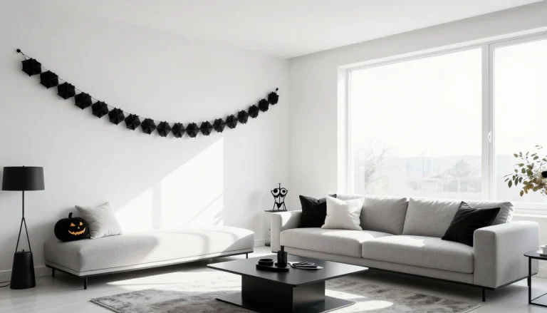 Minimalist black and white Halloween decorations featuring simple geometric shapes, monochrome pumpkins, and elegant spooky a