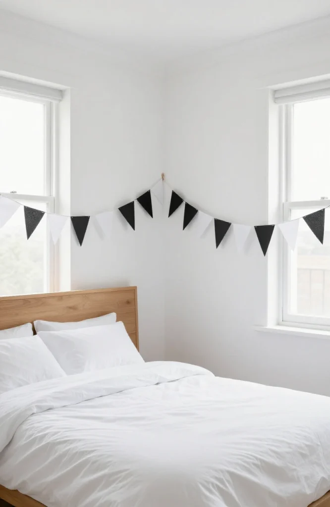 Black and white Halloween garland with bats and pumpkins draped above a bed as minimal bedroom decoration