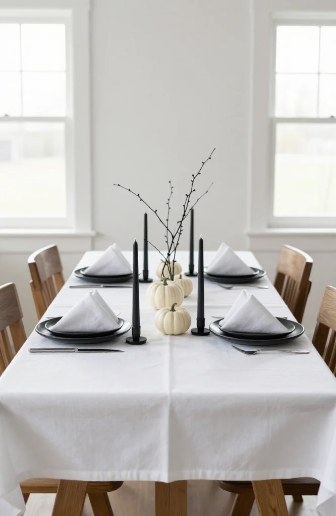 Minimalist black and white Halloween tablescape with geometric patterns, striped linens, and monochrome decorative elements