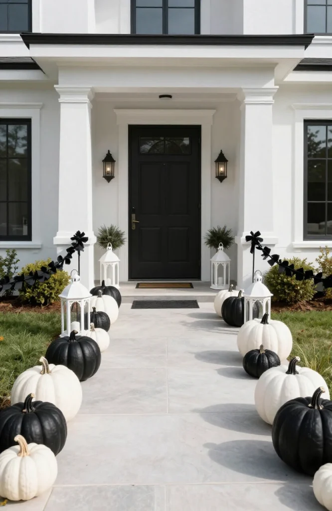 Halloween walkway decorated in coordinated black and white theme with contrast lighting and themed ornaments