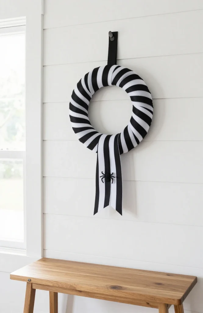 Black and white striped ribbon wreath hanging on door as minimalist Halloween decoration