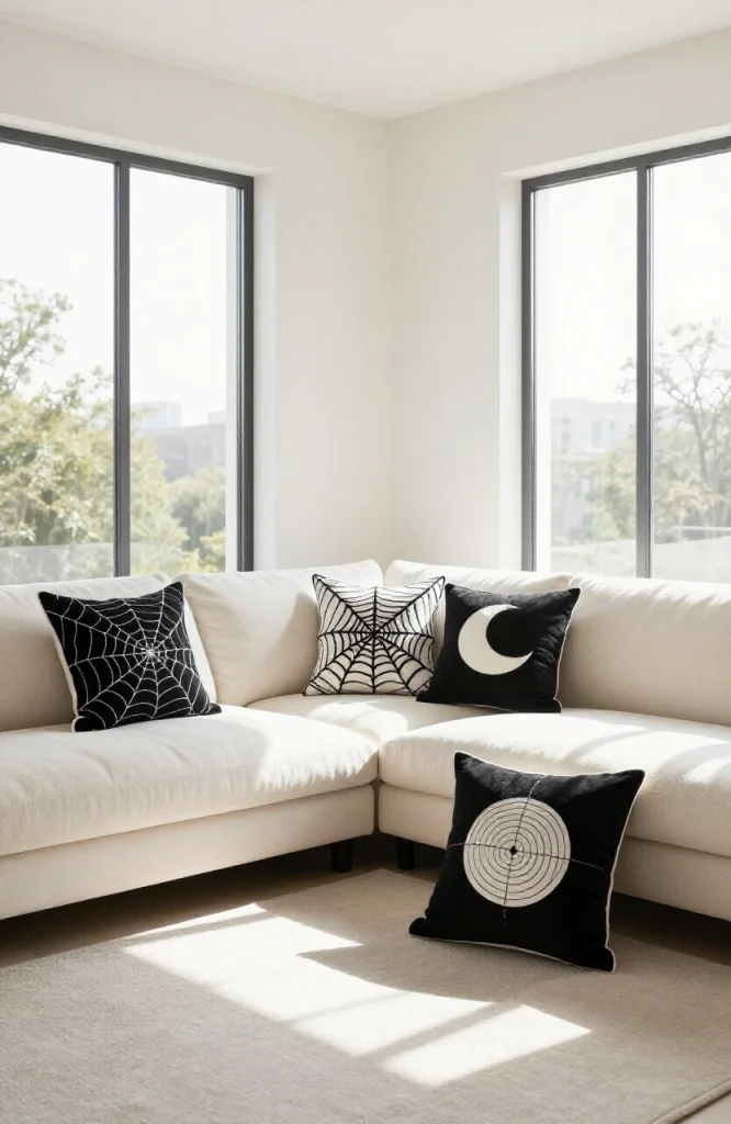 Black and white patterned throw pillows arranged on a sofa for minimalist Halloween decoration
