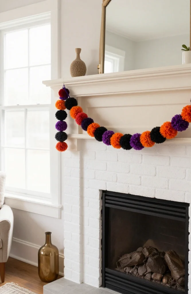 Black fluffy pom-poms strung together as a DIY garland draped across a fireplace mantel for Halloween decoration