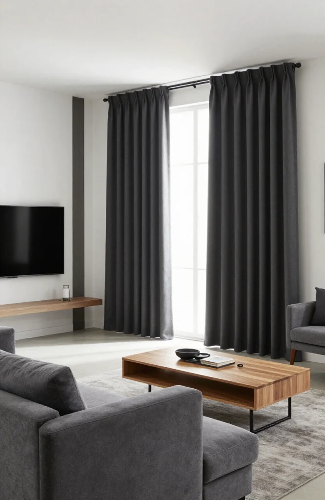 Modern living room with dark blackout curtains drawn closed for movie viewing, blocking natural light completely
