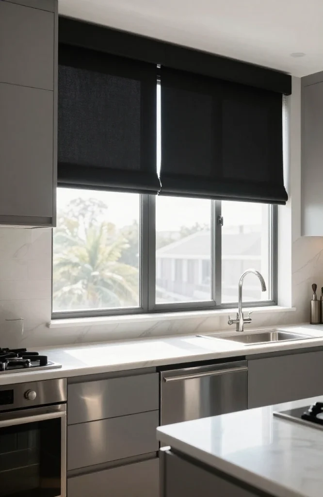 Kitchen window with blackout shades installed, providing complete light blocking and privacy for modern home decor