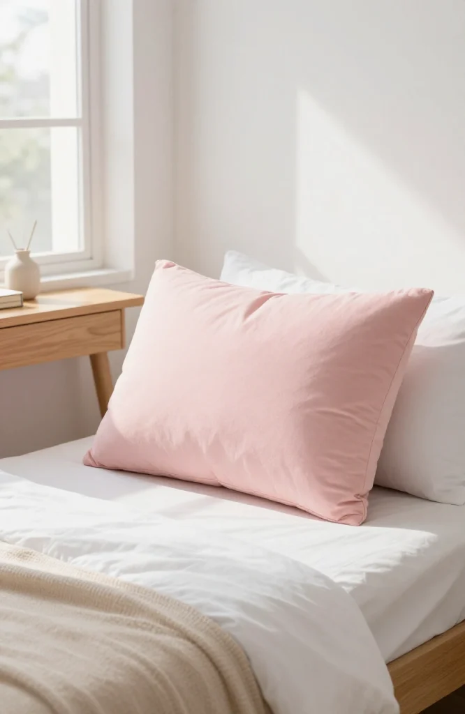Colorful body pillow and reading pillow arranged on dorm bed for daytime use in small bedroom space
