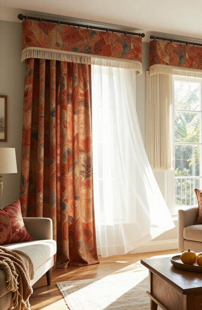 Bohemian style curtains with geometric patterns and warm earth tones hung on living room windows