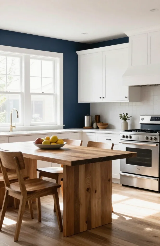 Modern kitchen featuring a bold navy blue accent wall behind open shelving with white dishes and cookbooks