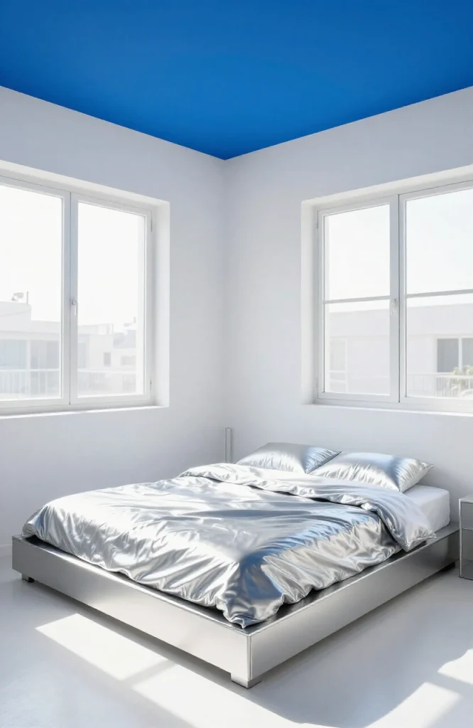 Bedroom with vibrant bold colored ceiling paint creating dramatic Y2K aesthetic effect
