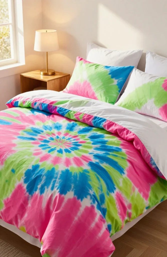 Y2K bedroom featuring bold geometric graphic bedding in bright colors on a platform bed with coordinating pillows